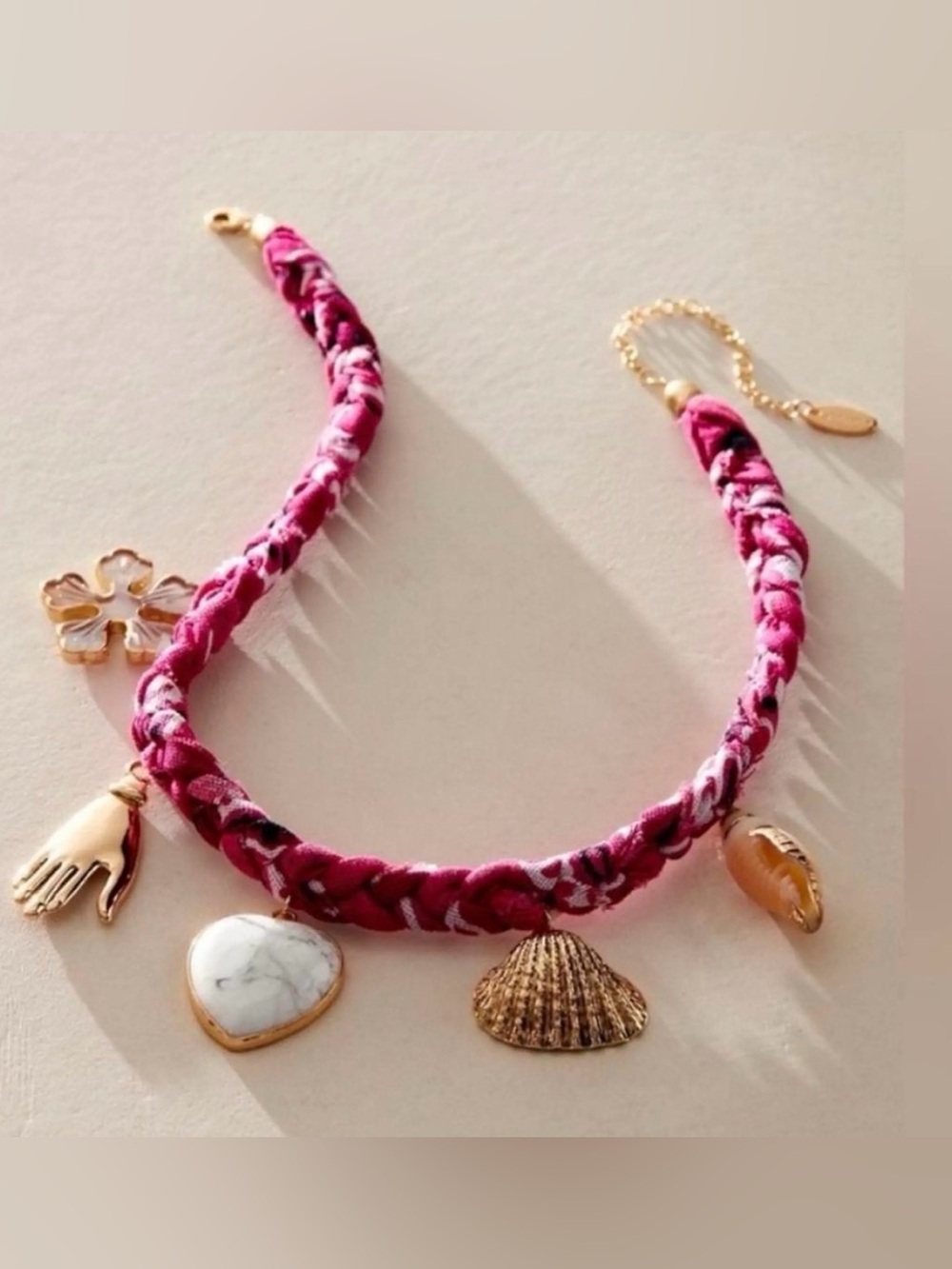 Free People Gold Charm Pink Braided Necklace NWOT